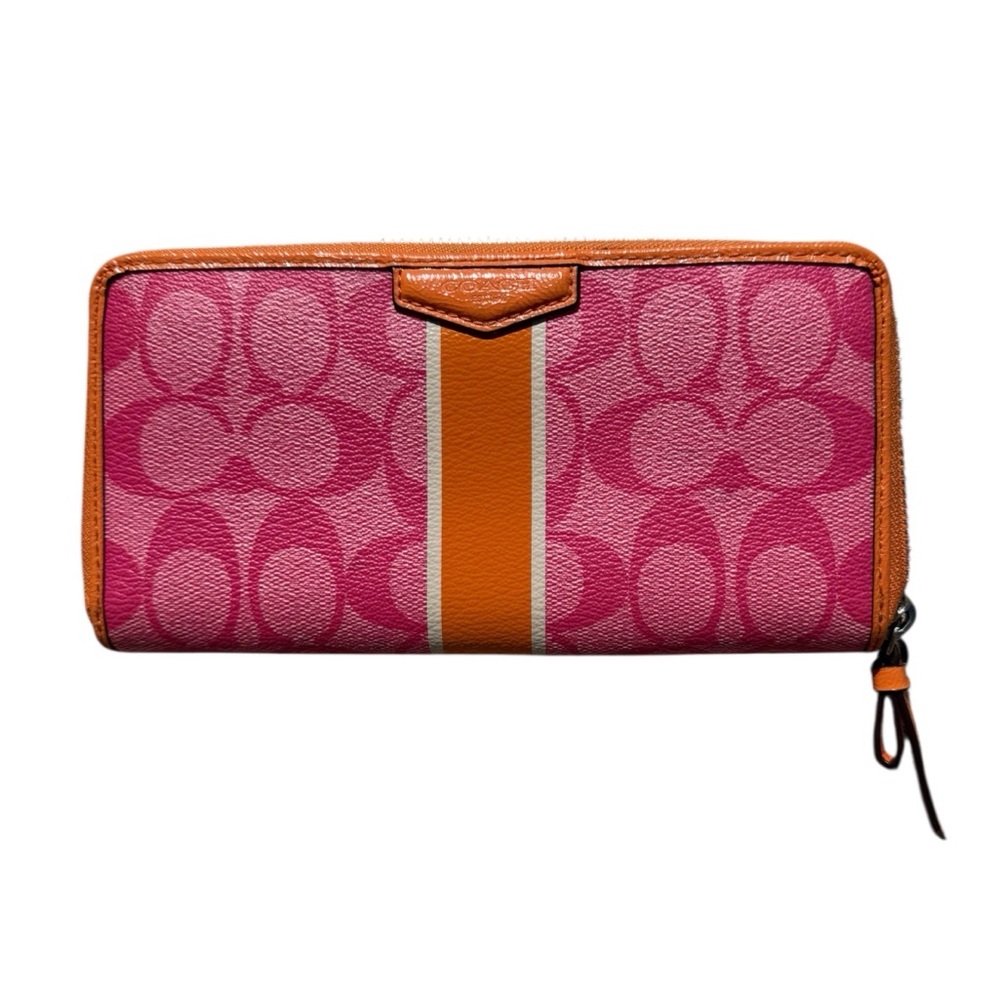Coach Pink Signature Stripe Zip Around Wallet with Orange Trim